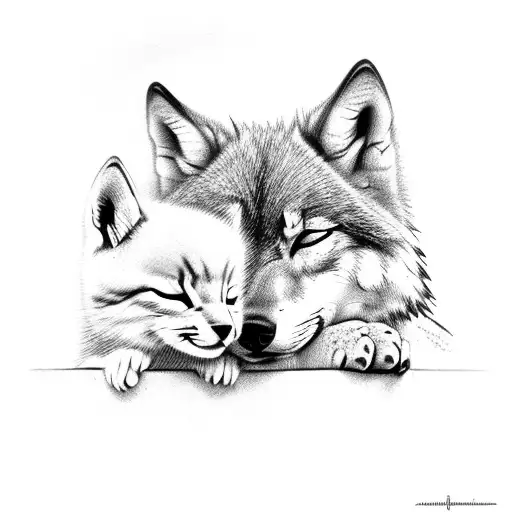 Wolf Cub Protecting A Sleeping Kitten