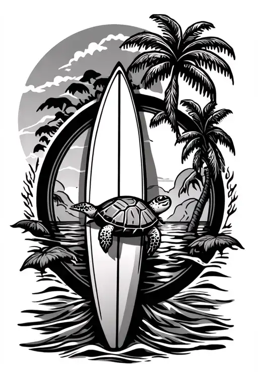 Surf Board With Turtle In Side And Sun And Palm Tree
