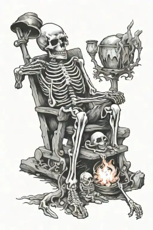 Skeleton Man Sitting By Camp Fire With Two Skeleton Children