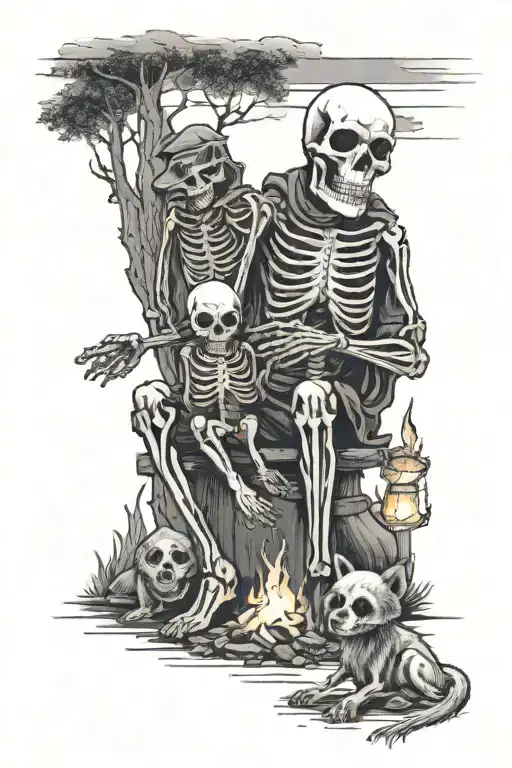 Skeleton Man Sitting By Camp Fire With Two Skeleton Children Playing With A Raccoon