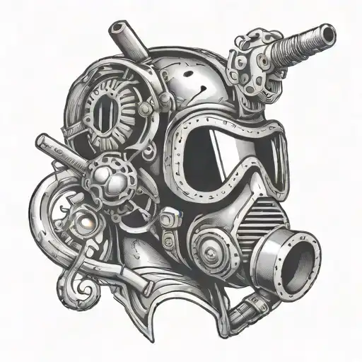 A Black-grey Tattoo Of A Welder's Mask With Intricate Gun Designs Incorporated Into The Design
