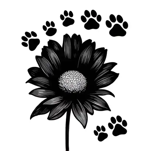 A Marigold Flower With 7 Paw Prints With A Mix Of Cat And Dog Paws