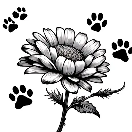 A Marigold Flower With 7 Paw Prints With A Mix Of Cat And Dog Paws