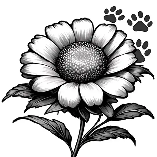 A Marigold Flower With 7 Paw Prints With A Mix Of Cat And Dog Paws As The Leaves On The Stem