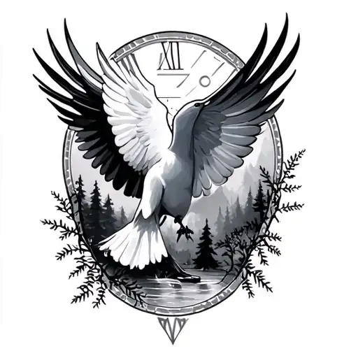 Dove And Roman Numerals And Forest Trees