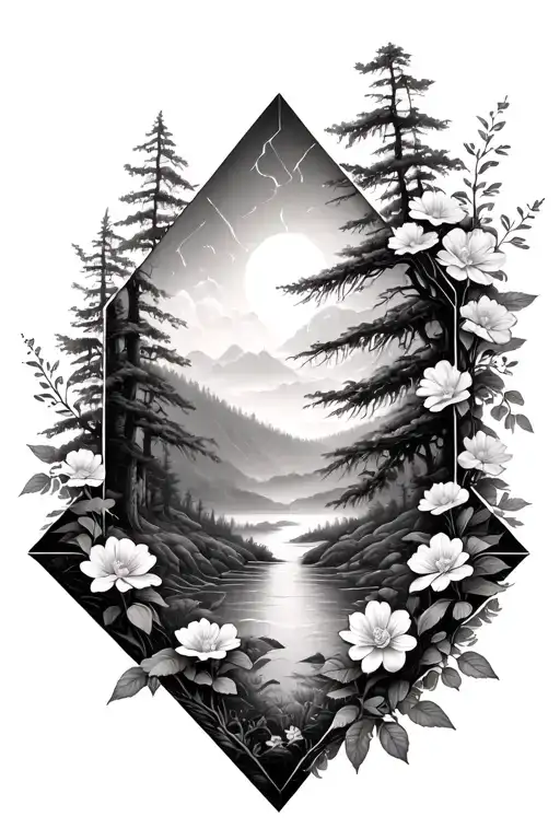 Flowers Wrapping Around A Diamond Shaped Forest Landscape