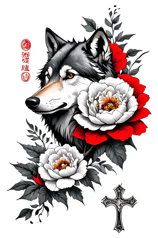 Wolf And Red Peony Flower And Ortodox Cross