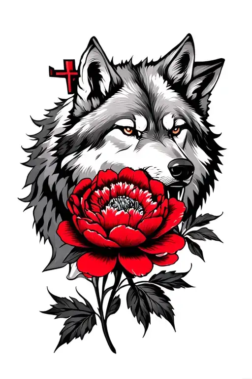 Wolf With Angry View Red Peony Flower And Ortodox Cross