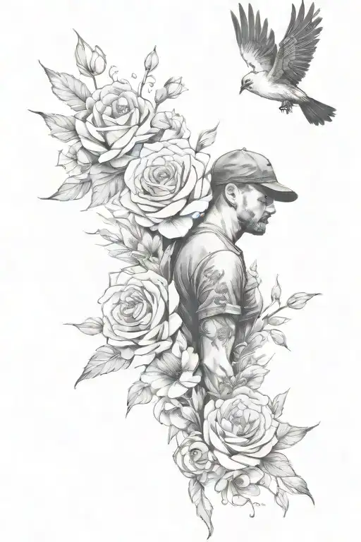Potrait Image With Flowers And Bird Flying Away