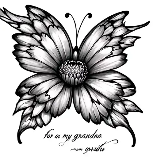 Outlined Butterfly With One Flower Wing Memorial Tattoo For My Grandma With Wording