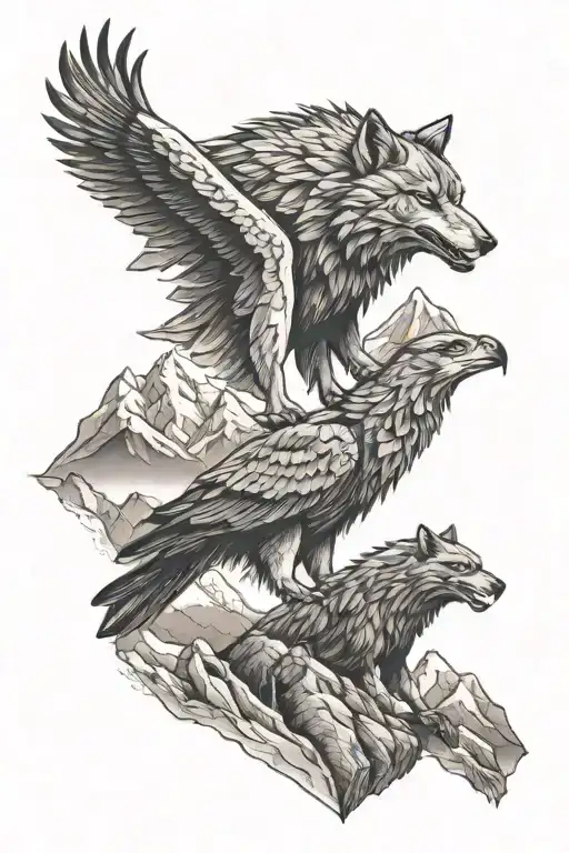 Wolf And Eagle Near The Mountains