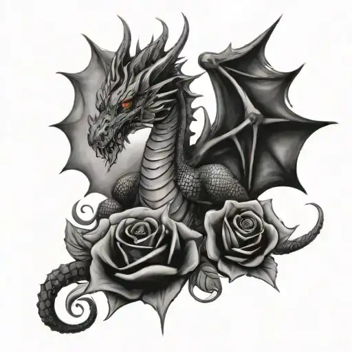 Fire Breathing Dragon With 3 Roses Before An Castle