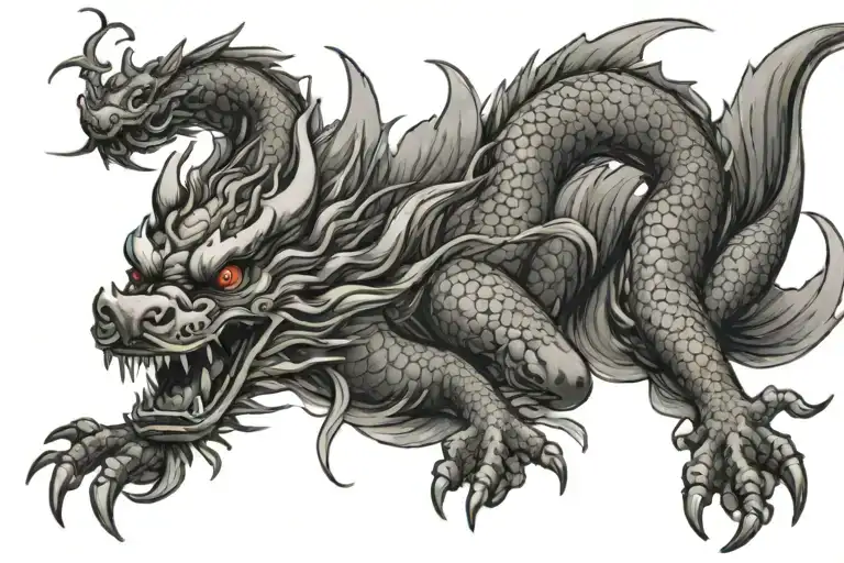 Asian Dragon Tattoo With 4 Koi Fish Swimming Gracefully