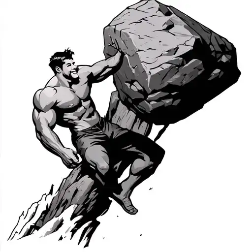Muscular And Chiseled Man Pushing A Huge Boulder Up A Mountain With A Smile On His Face
