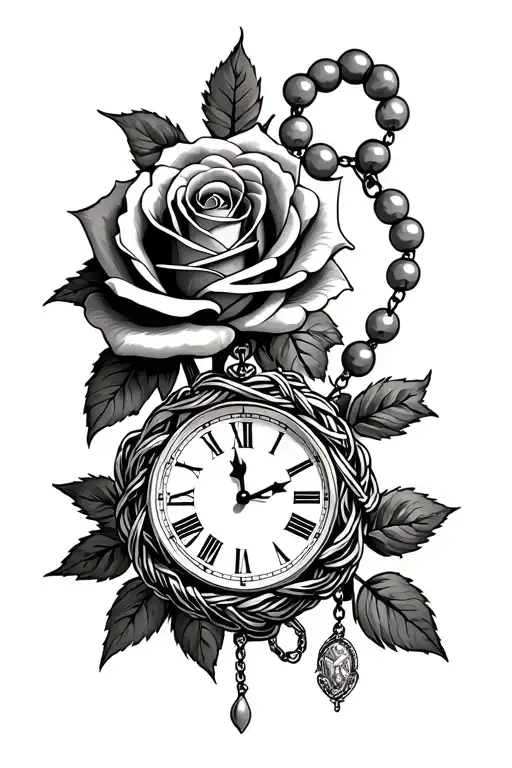 A Tattoo Of 2 Roses 1 Clock An Wrapped Rosary Beads
