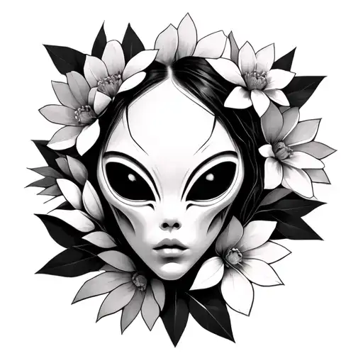 Female Alien Face Hidden Within Geometric Flowers