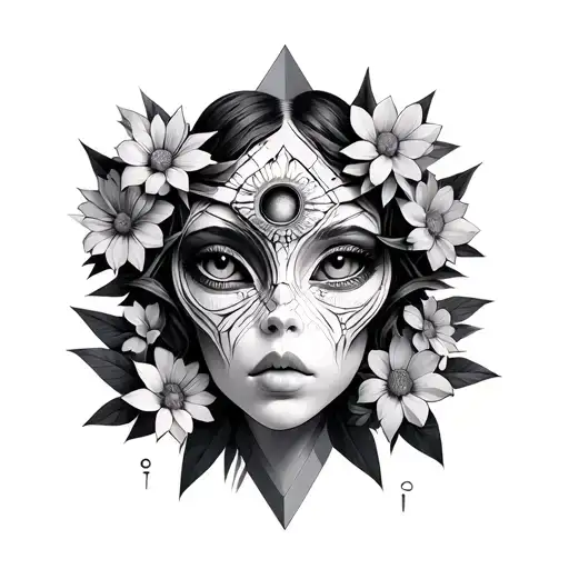 Female Humanoid Alien Face With Third Eye Hidden Within Geometric Flowers