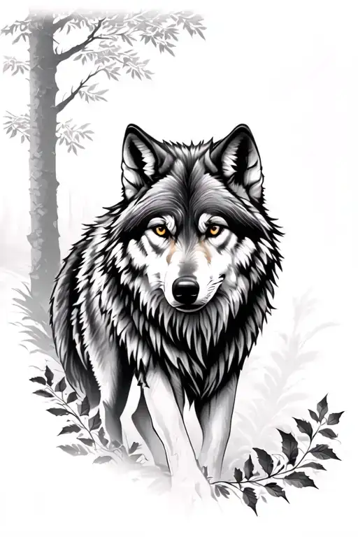 Wolf In Realism With Forest And Leaves In The Background