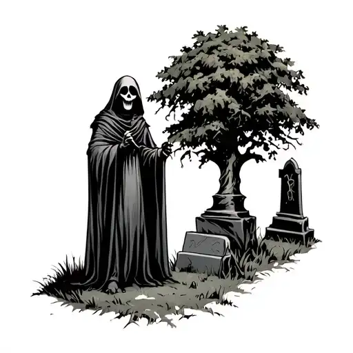 Grim Reaper Standing Next To A Tree In A Graveyard
