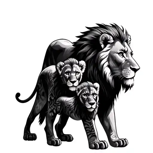 Fierce Lion With 2 Cubs
