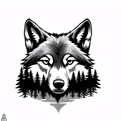 Wolf Face On Top With Mountain Scene N Trees On Bottom Black N Grey