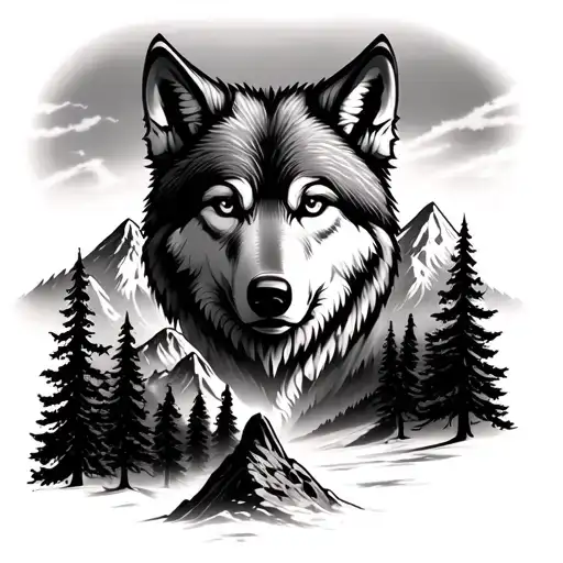 Wolf Face On Top With Mountain Scene N Trees On Bottom Black N Grey