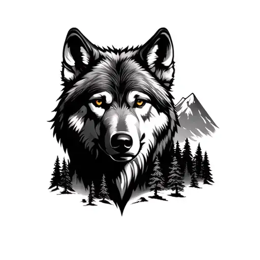 Realistic Wolf Face On Top With Mountain Scene N Trees On Bottom Black N Grey