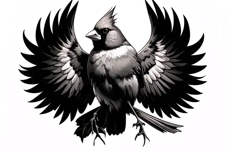 A Cardinal With Its Wings Spread It Head Is Turned Down Facing Right Full Wing Span