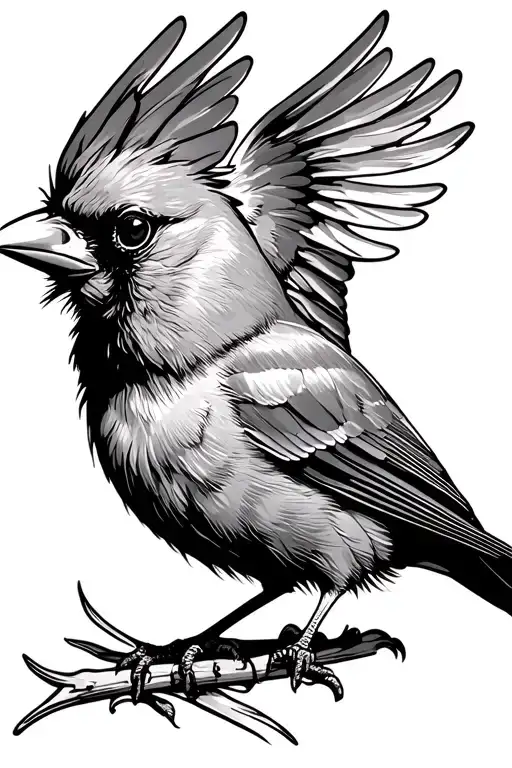 A Cardinal With Its Wings Spread It Head Is Turned Down Facing Right Full Wing Span