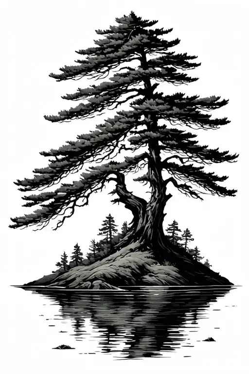 Windswept Pine Tree Silhouette On An Island Surrounded By Water