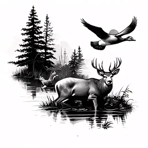 Deer And Flying Duck In Wilderness Scene