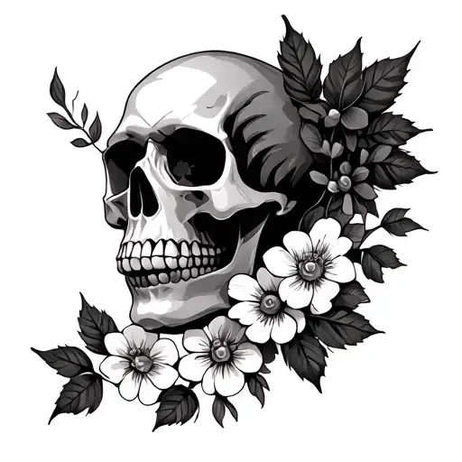 Small Skull And Flowers And Falling Leaves