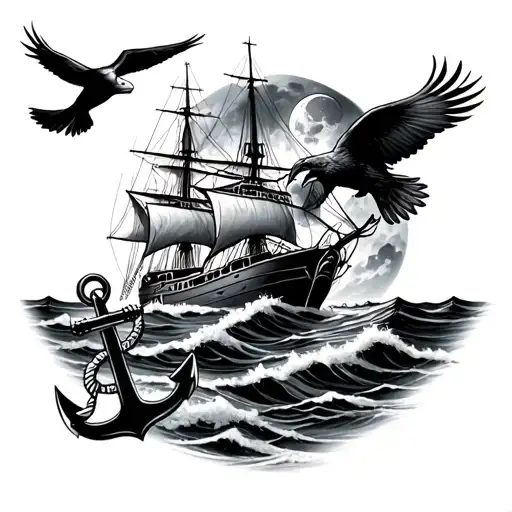 Snowy Stormy Ocean With Ship And Anchor And Full Moon As Well An Eagletattoo Design Picture