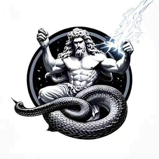Zeus Wielding A Light Night Bolt At A Snake