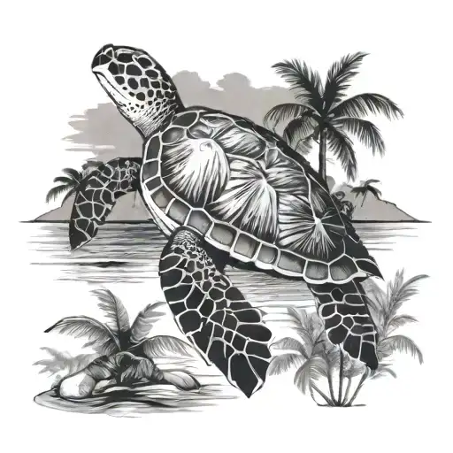 Sea Turtle With Palm Trees By The Sea