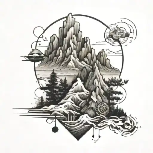 A Mountain Landscape With Hidden Engineering Symbols Incorporated In Black-grey Style
