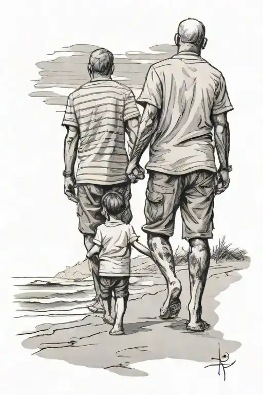 Beach With Father And Son Holding Hands