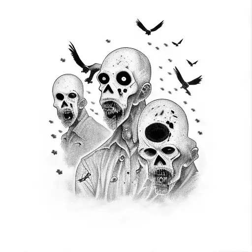 Portrait Of Zombies In A Graveyard With Crows Flying Around