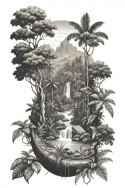 Rainforest Landscape Tattoo Featuring Canoe