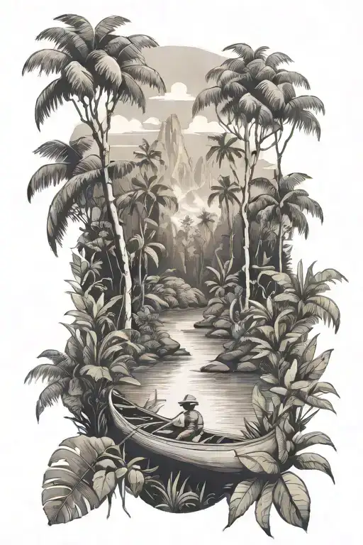 Rainforest Landscape Tattoo Featuring Canoe