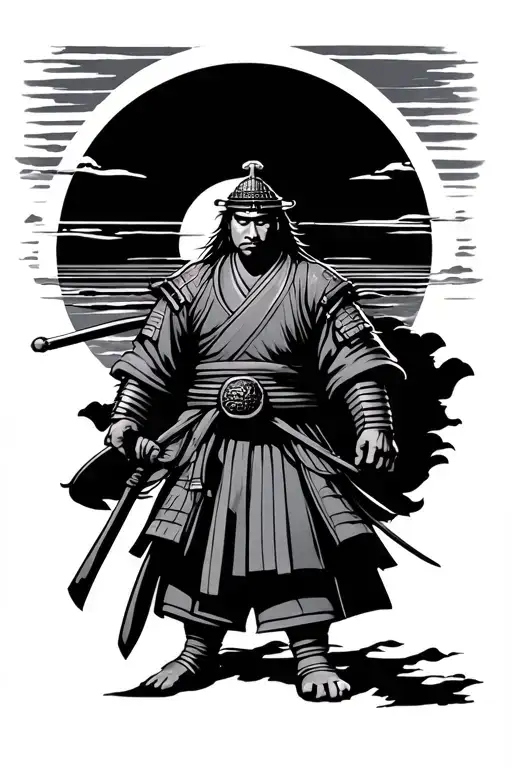 Japanese Style Tattoo Of A Samurai Standing In Front Of A Rising Sun