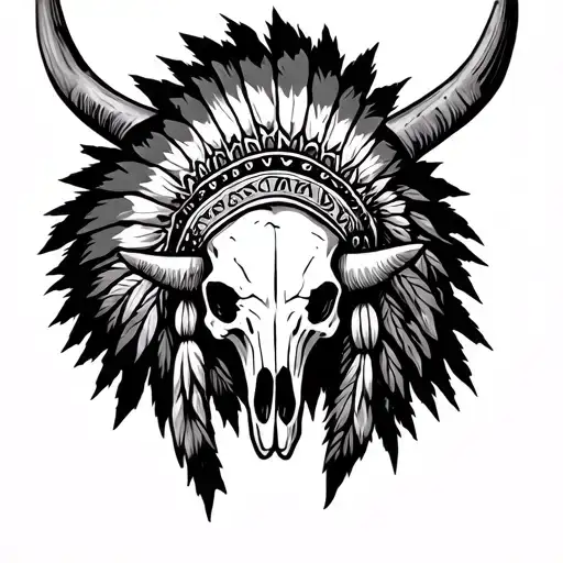 Longhorn Skull With Indian Headdress