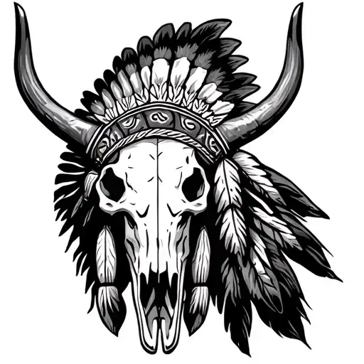 Longhorn Skull With Indian Headdress Made