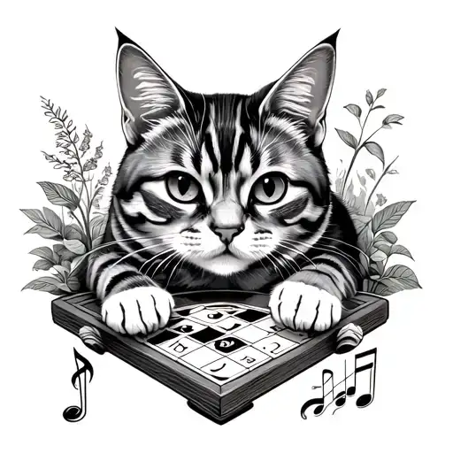 A Forearm Tattoo Of A Cat Playing A Board Game With A Musical Theme And Nature Background