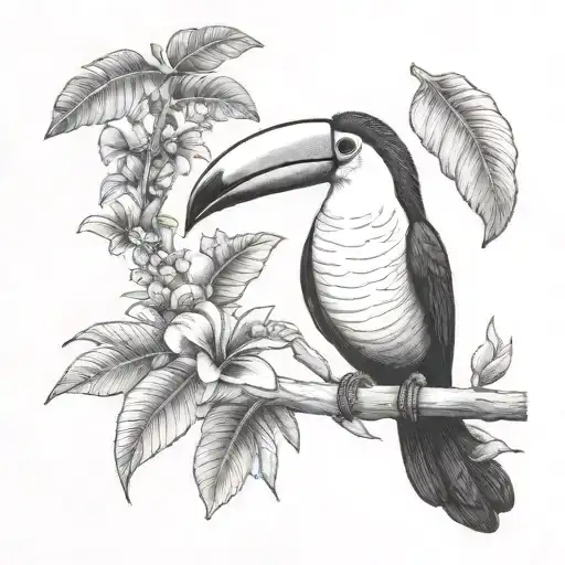 Small Toucan Tattoo With Ecuador Amazon Rainforest Scene Tree And Flowers