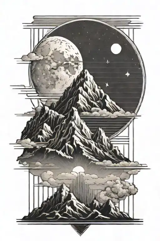Mountain And Moon Surrounded By Straight Lines