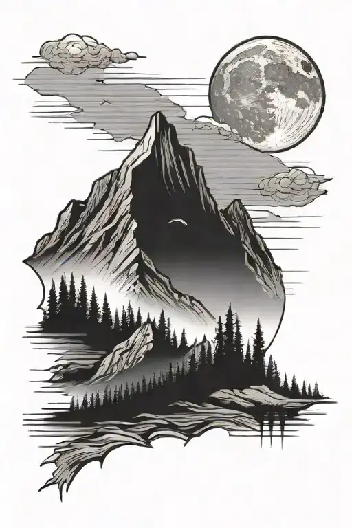 Mountain And Moon Surrounded By Straight Lines