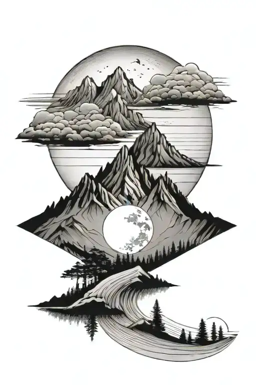 Mountain And Moon Surrounded By Straight Lines
