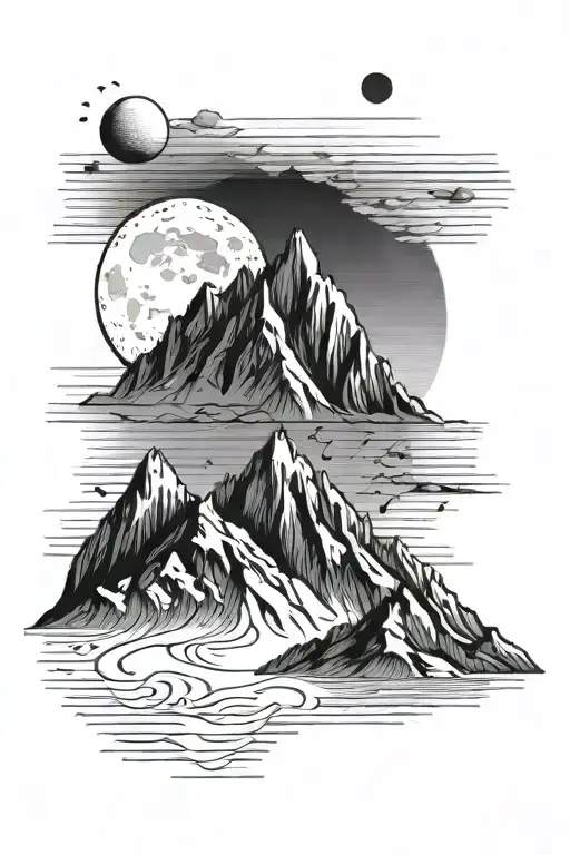 Mountain And Moon Surrounded By Straight Vertical Lines