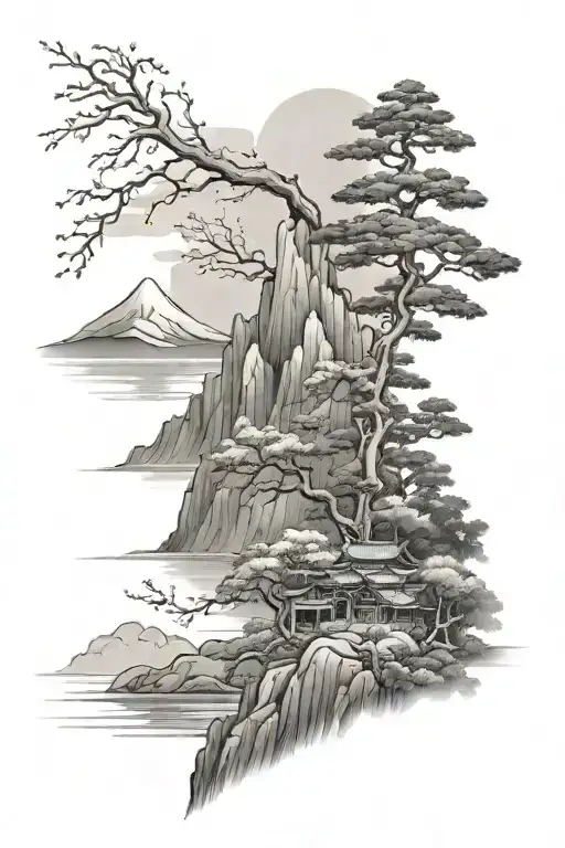 Japanese Nature Scene With Trees And Mountains